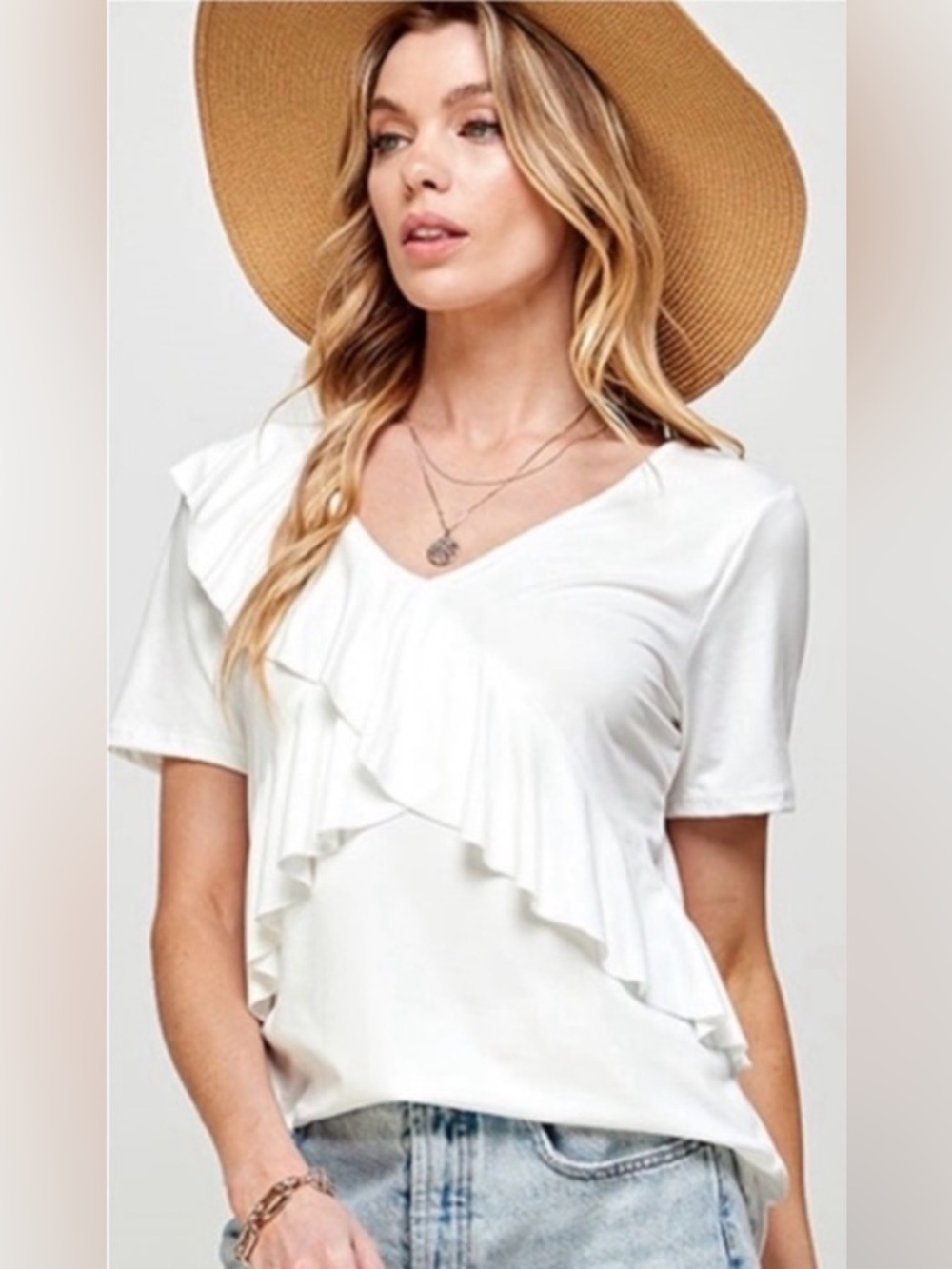 New Women’s White Spring Summer Cute Short Sleeve Top, Front Ruffle Deta…